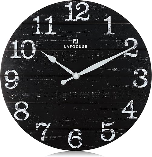 Lafocuse 12 Inch Silent Non Ticking Farmhouse Black Wall Clock Battery Operated, Vintage Shabby Chic Wooden Wall Clock for Living Room Decor Kitchen Bedroom Office-Version 2.0