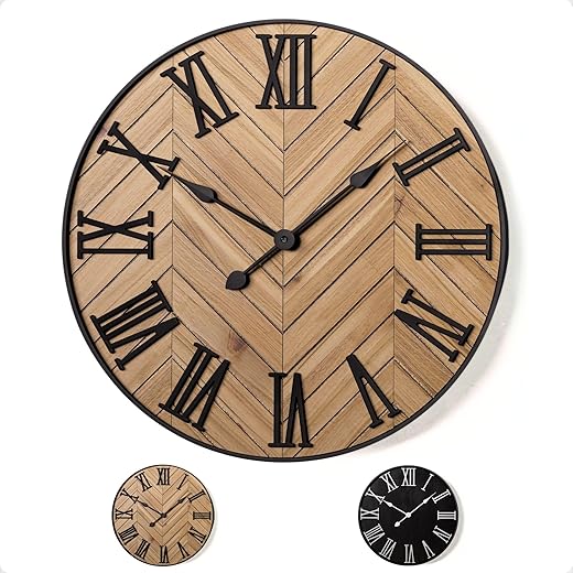 Large Wall Clock 24" Round - Silent Metal & Wood Large Clock - Farmhouse Wall Clock Large - 24 Inch Wall Clock For Living Room Decor - Big Wall Clock Roman Numerals - Wall Clocks For Living Room Decor