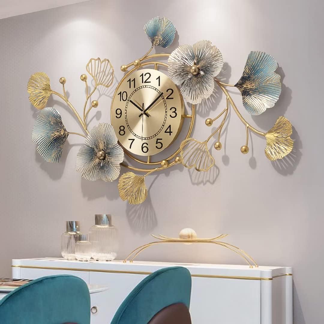 Large Wall Clock 37 Inch Creative Metal Ginkgo Leaf Design Wall Clock Silent Non Ticking Decoration Wall Clocks for Living Room Bedroom Home