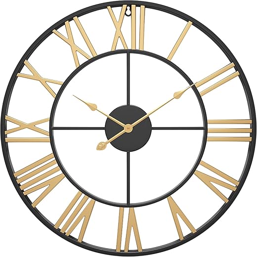 Large Wall Clocks Non-Ticking Silent 24 inch Battery Operated Oversized Metal Round Roman Numerals European Industrial Wall Clocks for Home Kitchen Living Room Office Decor