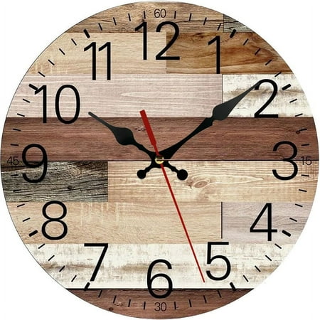 LNGOOR 12 Inch Wooden Round Wall Clock Vintage Rustic Country Tuscan Style for Kitchen Bedroom Office Home Silent & Non-Ticking Large Numbers Battery Operated