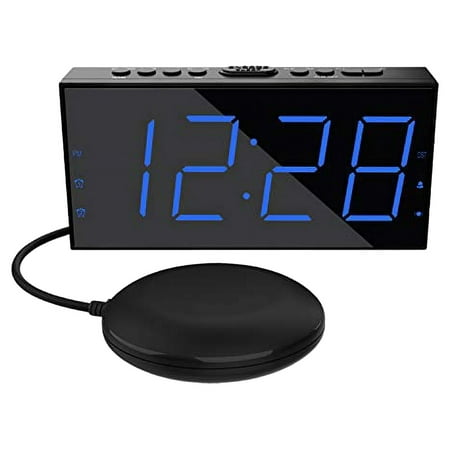 Loud Alarm Clock Vibrating with Bed Shaker for Heavy Sleepers Deaf and Hard of Hearing?Dual Alarm Clock with USB Charger, 7.5'' Large Display, Dimmer, Snooze & Battery Backup ( Blue)