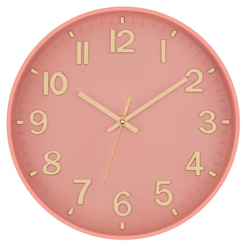 Lumuasky Wall Clock Pink Modern 12 Inch Battery Operated Silent Non-Ticking Decorative Clock for Living Room Bedroom Office Kitchen School Classroom Nursery Decor, 3D Numbers Easy to Read