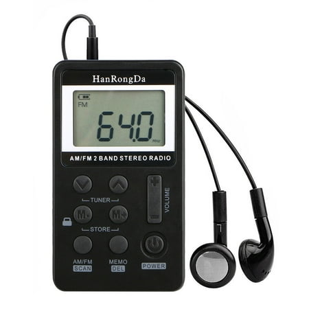 Mini Digital Portable Pocket Handy LCD AM Radio 2 Band Stereo Receiver with Preset, Alarm Clock, and Earphone - Black