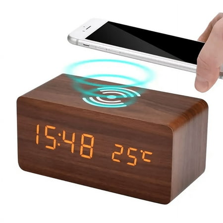 Modern Wooden Alarm Clock with Qi Wireless Charger For iPhone Samsung with Temperature Display