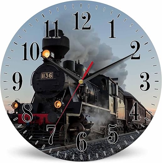 Morning Train Wall Clock Old Steam Train Smoke Rairoad Sunrise 10 Inch Silent Non Ticking Battery Operated Clock Vintage Round Clock for Living Room Bedroom Bathroom Office Decor