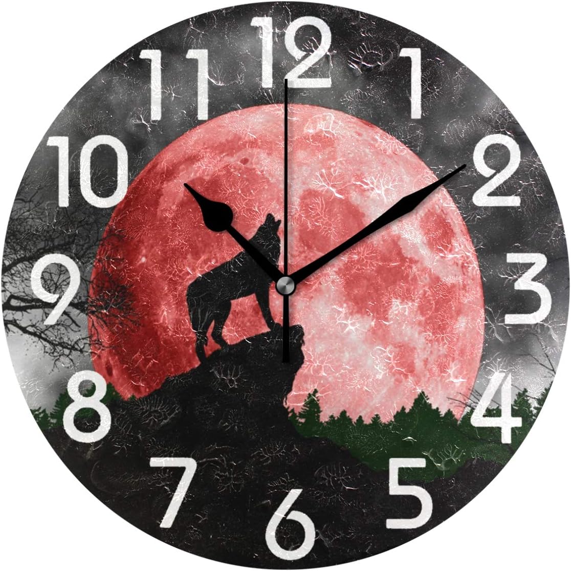 Naanle Magic Wolf Howling at Red Moon Print Round Wall Clock Decorative, 9.5 Inch Battery Operated Quartz Analog Quiet Desk Clock for Home,Office,School