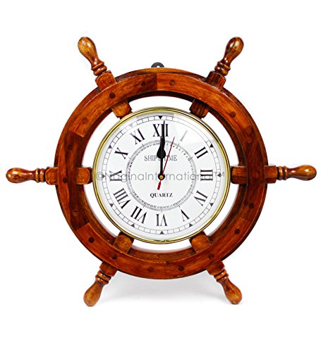 Nagina International 18 Solid Wood Brass Ship Wheel Wall Clock Porthole Nautical Decor Shipwheel 18 Ship Wheel Clock: Boat DecorationWooden Nautical Shipwheel with Clock -