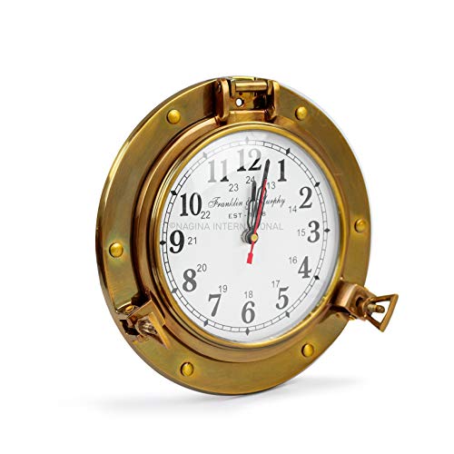 Nagina International 9 Antique Brass Premium Nautical Wall Decor Vintage Time's Clock | Pirate's Porthole Decorative Clock (Franklin & Murphy's Vintage Dial)