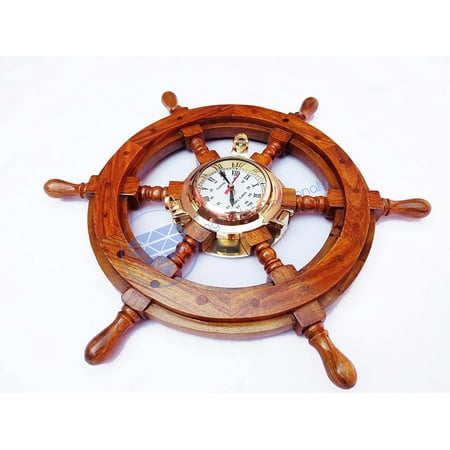 Nagina International Nautical Hand Crafted Wooden Captain's Maritime Porthole Ship Wheel Brass Quartz Clock with Roman Numerals - Home Decor - Pirate Nursery Gift (24 Inches)