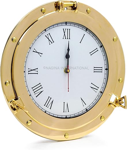 Nagina International Premium Nautical Brass Porthole Clock | Pirate Ship's Elegant Metal Roman Dial Face Wall Clock | Home Decorative Gifts (6 Inches)