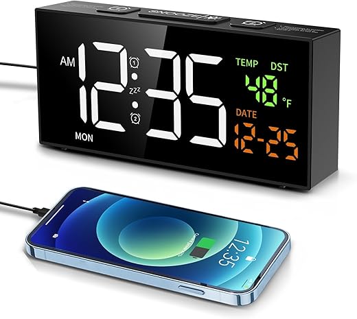 Netzu Alarm Clocks for Bedrooms, Digital Alarm Clock with Date Temperature and Weekday, Manual DST, Snooze, 2 Alarms, 4 Volumes Bedside Desk Clock for Living Room Home (Black)