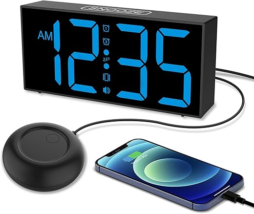 Netzu Vibrating Alarm Clock for Heavy Sleepers Adults, Loud Alarm Clocks with Bed Shaker for Bedrooms, Plug in Digital Clock with Big Numbers, 5 Levels Brightness (Black and Blue)