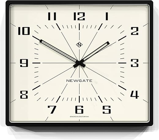 NEWGATE® Box Office Silent Sweep Wall Clock - No Tick Noise - Arabic Numerals - Rectangular Clock - Kitchen Wall Clock - Mid-Century Modern Wall Clock - Retro Dial (Black & Cream)