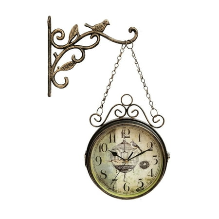 NUOLUX Iron Art Bird Shape Wall Clock Retro Double-face Wall Clock Digital Hanging Clock Creative Art Decor (Without Battery)