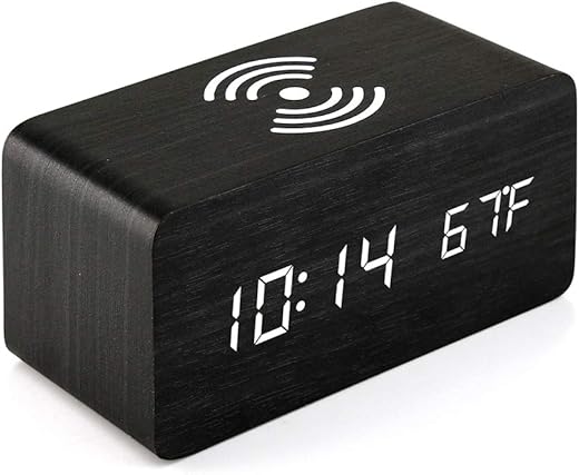 OCT17 Alarm Clock with Qi Wireless Charging Pad Compatible with iPhone Samsung Wood LED Digital Clock Sound Control Function, Time Date, Temperature Display for Bedroom Office Home - Black