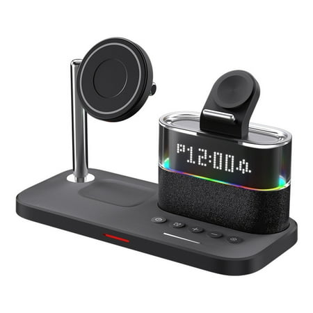 Owyfho Wireless Charging Station - 5 in 1 Wireless Charger with Alarm Clock, Wireless Stand Dock for iPhone, Fast Charger , Black