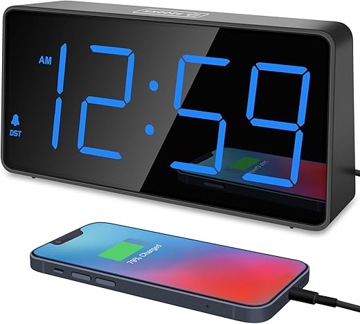 Peakeep Digital Alarm Clock for Bedroom Bedside, Loud Alarm Clock for Heavy Sleepers, Large Big LED Numbers for Seniors, Battery Backup Plug in Electric Clock with USB Charger (Blue)