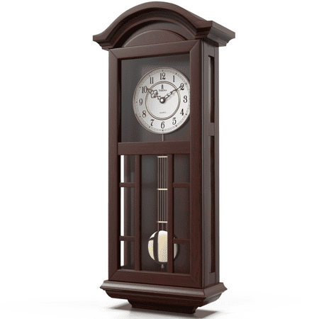 Pendulum Wall Clock Battery Operated - Quartz Wood Pendulum Clock - Silent, Large Dark Wooden Design, Decorative Wall Clock Pendulum For Living Room, Office, Kitchen & Home Décor Gift, 27 x 11.5