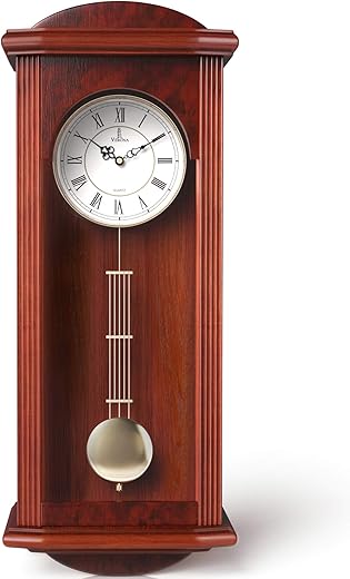 Pendulum Wall Clock, Silent Decorative Wood Clock with Swinging Pendulum, Battery Operated, Large Red Wooden Design, for Living Room, Kitchen, Office & Home Décor, 26.75 x 11.5 inches