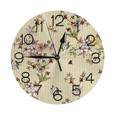 Pink Flower Floral Wall Clock - 10 Inch Silent Non-Ticking Wall Clocks -Country Retro Rustic Style Decorative For Living Room Kitchen Home Bathroom Bedroom