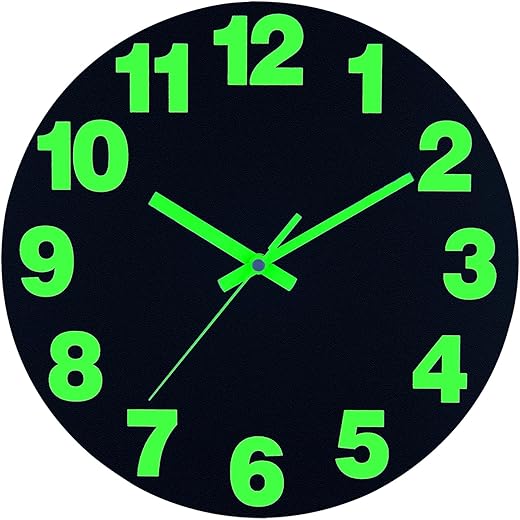 Plumeet Night Light Wall Clock, 12 Inch Wooden Glow in The Dark Clock for Bedroom, Silent Lighted up Wall Clock Luminous Numerals and Hands, Battery Operated for Living Room/Kitchen, Black