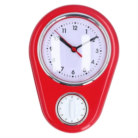 Retro Kitchen Timer Wall Clock, Multi-Function Wall-Mounted Silent Operation Quartz Clock 9 Inch Red