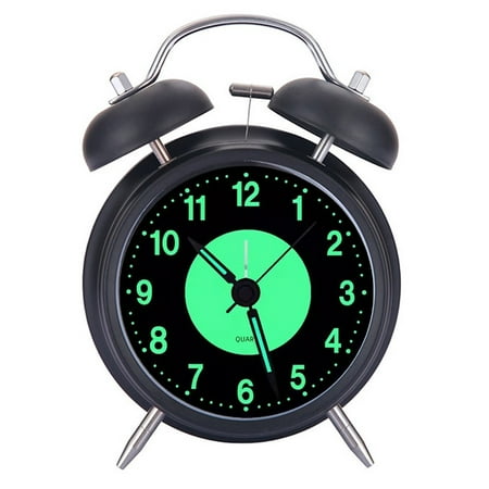 Retro Metal Twin Bell Alarm Clock with Backlight Luminous Dial Silent Non-Ticking Quartz Analog Desk Clocks Night Light 3-inch Black