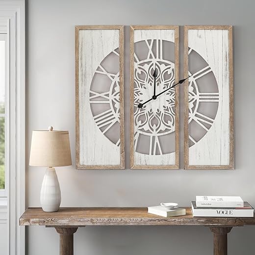 RiteSune Unique 30 Wall Clock for Living Room Decor, Oversized Farmhouse Wall Clock Battery Operated, Triptych Panel Wooden Large Clock Wall Art for Bedroom Entryway