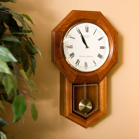 Seiko Dark Brown Oak Traditional Schoolhouse Wall Clock w/ Chime & Pendulum 21 x 13 x 4, QXH102BC