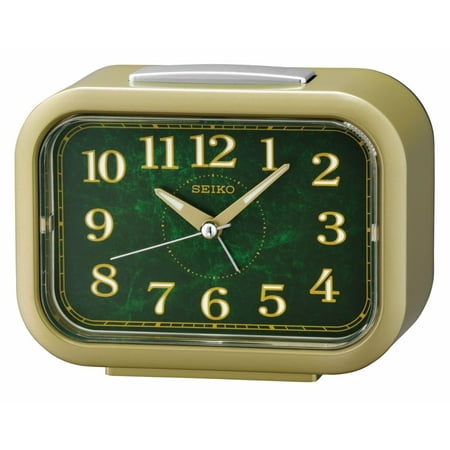 Seiko Kinzo Rectangle Green Gold Beep Alarm Clock, Quartz, Analog, QHK056GLH