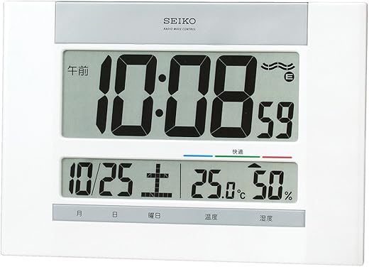 Seiko SQ429W Clock Wall Clock, Dual Use, Radio, Digital Calendar, Comfort, Temperature, Humidity, Display, Thin, White, Pearl