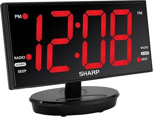 Sharp Digital Alarm Clock, 8.9 Extra Large LED Clock with Tilt and Swivel Display, AccuSet Automatically Sets The Time, Dual USB Charger Ports, FM Radio, 3 Level Adjustable Dimmer Brightness