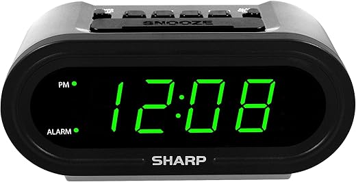 Sharp Digital Alarm with AccuSet - Automatic Smart Clock, Never Needs Setting - Great for Seniors, Kids, and Everyone who Doesn't Want to Set a Clock! Silver Case with Green LEDs