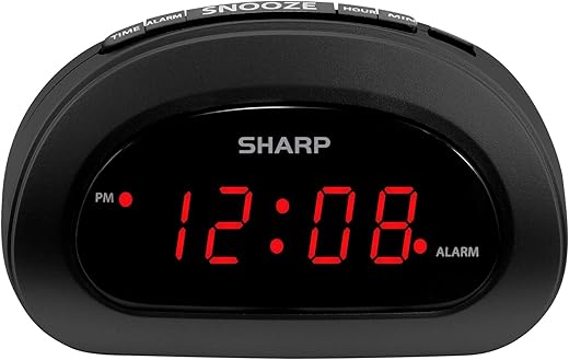 Sharp Small Digital Alarm Clock with Snooze and Battery Backup, Easy to Use Top Button Controls for Simple Use, Black Case with Red Easy to Read LED Display