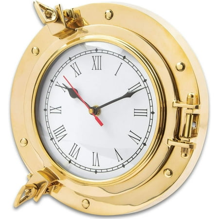 Ship Porthole Wall Clock | Quality Brass Construction | Roman Numerals | Working Porthole | 9 Diameter