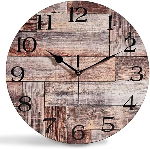 Silent Non-Ticking Wall Clocks, Brown Wood Barn Board Pine Plank Rustic Wall Clocks, Battery Operated 14 Inch Round Wall Clock for Home Decor Living Room Kitchen Office