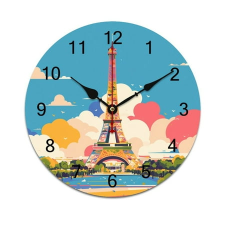 Silent Wall Clock 25cm/9.84in Round Wall Clock Paris Pride Eiffel Tower Hanging Clock for Home Living Room Bedroom Kitchen Non Ticking Battery Operated Living Room Mute Clock