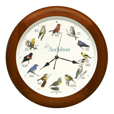 Singing Bird Audobon On The Hour Cherry Finish 13 x 13 Solid Wood Wall Clock