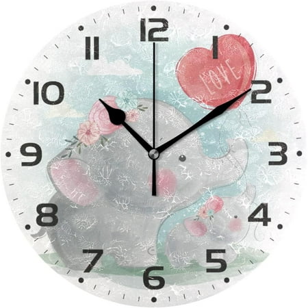 SKYSONIC Mommy and Baby Elephant Wall Clock 10 Inch Silent Non Ticking Round Clock Oil Painting Clock Easy to Read Clock for Living Room Bedroom Bathroom Home Decor