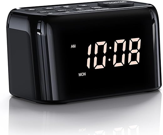 Small Dual Alarm Clock Radio with Weekday/Weekend, 0-100% Dimmer, 7 Adjustable Volume Sounds, FM Radio with Sleep Timer for Bedroom