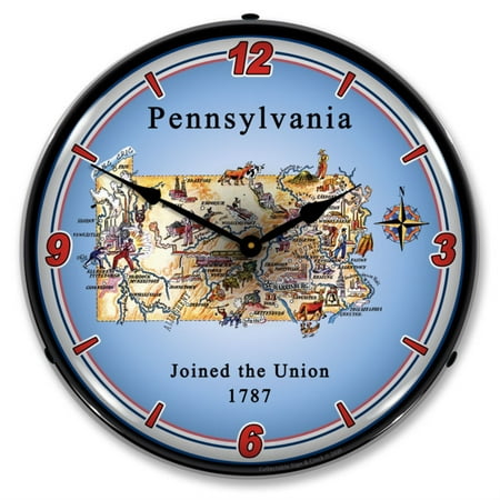 State of Pennsylvania LED Wall Clock, Retro/Vintage, Lighted, 14 inch