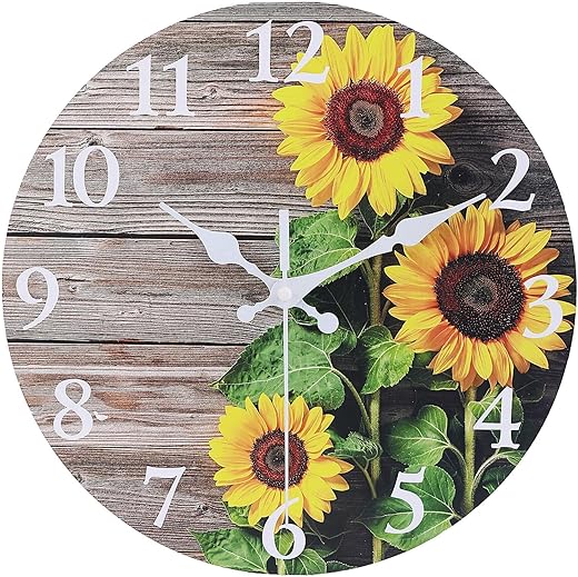 Sunflower Kitchen Decor Round Wall Clock 14 Inch Silent Non Ticking Battery Operated Wood Clock for Bedroom Bathroom Living Room