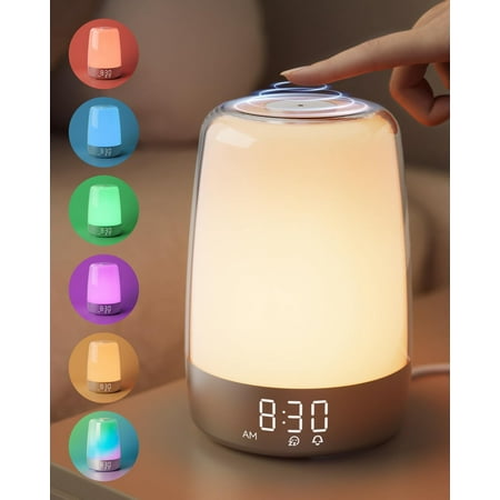 Sunrise Simulation Alarm Clock Wake Up Light for Heavy Sleepers Adults, Dimmable Sun Lamp Kid Bedroom Nursery Bedside Night Light Sleep Aid, 7 RGB Lights, 7 Natural Sound Alarms, Snooze Timer