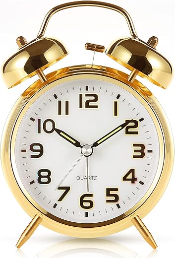 Super Loud Alarm Clock for Heavy Sleepers,4 inches Twin Bell Alarm Clock with Backlight,Battery Operated,Silent Non Ticking,for Kids,Adults,Bedrooms,Retro Decor Desk Analog Clocks. (Golden)