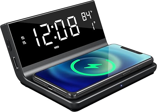 Supersonic SC-6025QI Dual Alarm Clock with Wireless Charger, Smart Nightstand Clock with Calendar, Room Temperature, LED Display, and Dual Device Charging