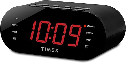 Timex Alarm Clock for Bedroom with FM Radio and 10 Station Presets, Clock Radio with Dual Alarms, Large Display, Sleep Timer, and Snooze – Black (T232B)