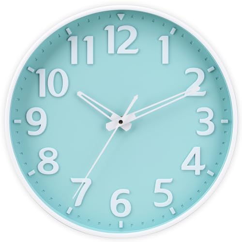 TOHOOYO Wall Clock 12 Inch 3D Large Number Battery Operated Silent Non-Ticking Wall Clock Modern Quartz Design Decorative Indoor Bedroom Kitchen Office Classroom Mint Green