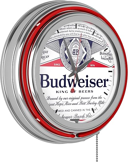 Trademark Gameroom Neon Clock - Retro Budweiser Label Design Analog Wall Clock with Pull Chain - for Kitchen, Garage, Game Room, or Home Bar