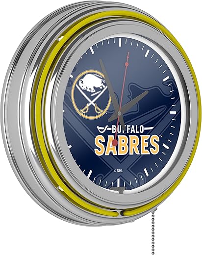 Trademark Global Neon Clock - Retro Buffalo Sabres Watermark Analog Wall Clock with Pull Chain - for Kitchen, Garage, Game Room, or Home Bar